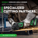 Newbeat 4-inch 21V cordless angle grinder with two batteries and charger, featuring a durable design and ergonomic grip.