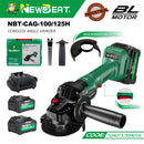 Newbeat 4-inch 21V cordless angle grinder with two batteries and charger, shown with black and silver body and ergonomic handle.