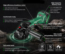 Newbeat 4-inch 21V cordless angle grinder with two batteries and charger, black and silver design, model NBT-CAG-100H.