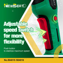 Newbeat 4-inch 21V cordless angle grinder with two batteries and charger, black and silver power tool for grinding and cutting tasks.