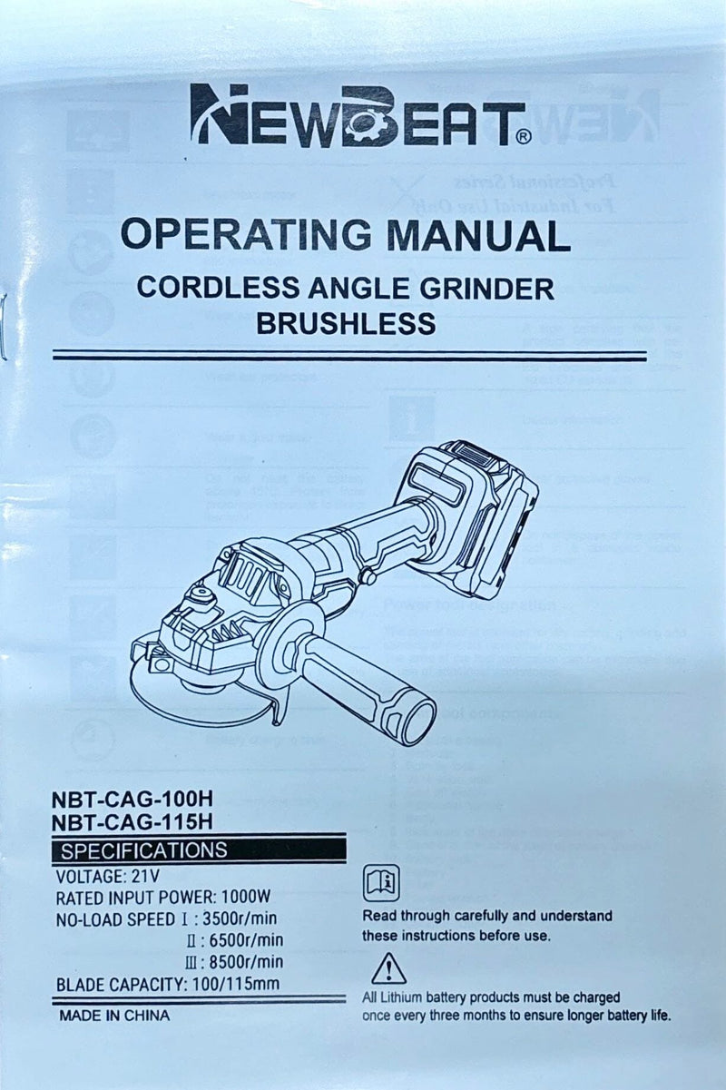Newbeat 4" 21V Cordless Angle Grinder (BL) C/W 2 Battery & 1 Charger | Model: NBT-CAG-100H Cordless Angle Grinder NEWBEAT 