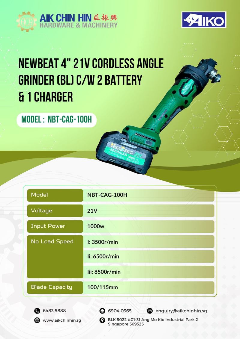 Newbeat 4" 21V Cordless Angle Grinder (BL) C/W 2 Battery & 1 Charger | Model: NBT-CAG-100H Cordless Angle Grinder NEWBEAT 