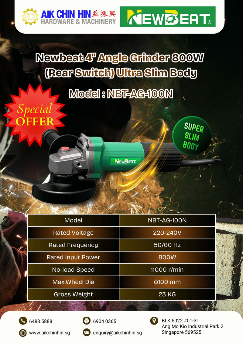 Newbeat 4" Angle Grinder 800W (Rear Switch) Ultra Slim Body | Model: NBT-AG-100N Angle Grinder Newbeat 