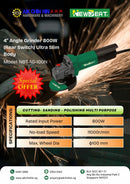 Newbeat 4" Angle Grinder 800W (Rear Switch) Ultra Slim Body | Model: NBT-AG-100N Angle Grinder Newbeat 