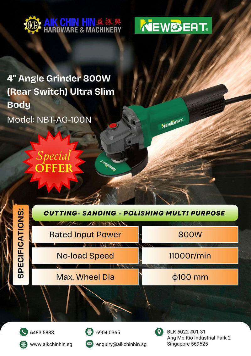 Newbeat 4" Angle Grinder 800W (Rear Switch) Ultra Slim Body | Model: NBT-AG-100N Angle Grinder Newbeat 