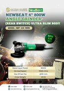 Newbeat 4-inch angle grinder with 800W power, ultra-slim body, rear switch, model NBT-AG-100N, shown in the image.
