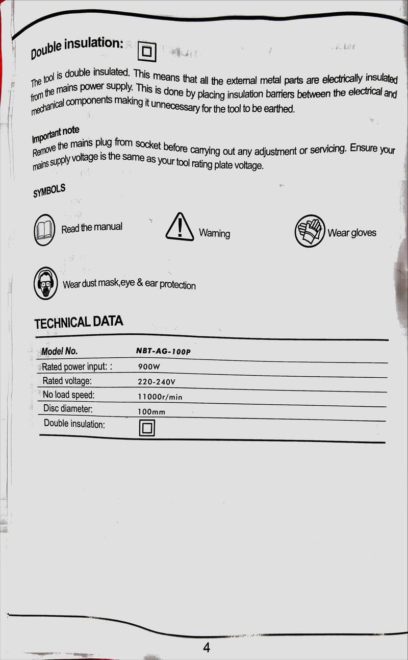 Newbeat 4" Angle Grinder 900W (Rear Switch) | Model: NBT-AG-100P Angle Grinder Newbeat 