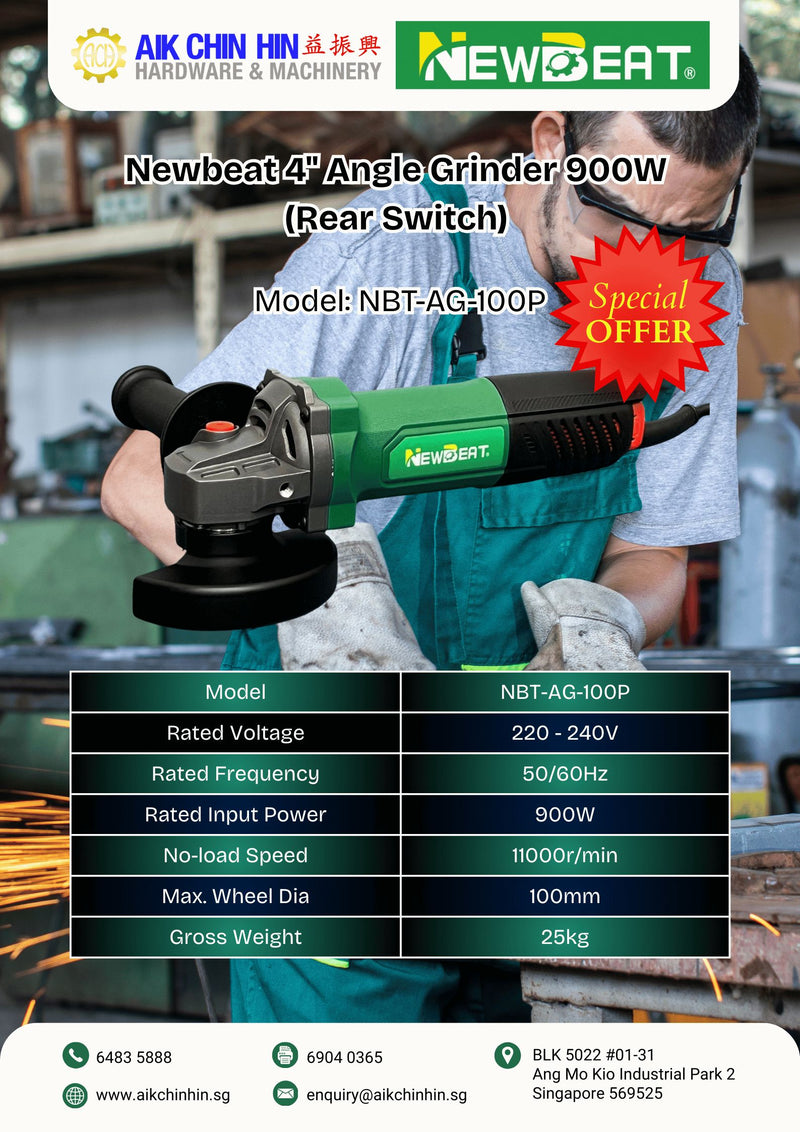 Newbeat 4" Angle Grinder 900W (Rear Switch) | Model: NBT-AG-100P Angle Grinder Newbeat 