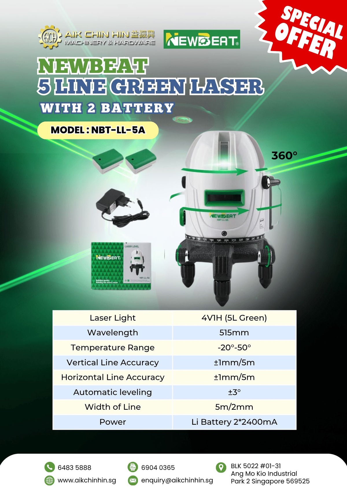 NEWBEAT 5 Line Green Laser Level with 2 Battery | Model : NBT-LL-5A