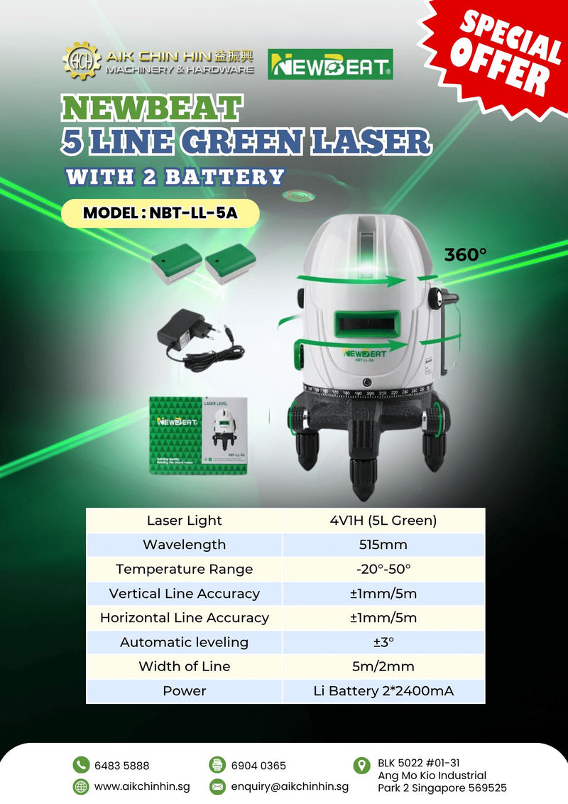 NEWBEAT 5 Line Green Laser Level with 2 Battery | Model : NBT-LL-5A