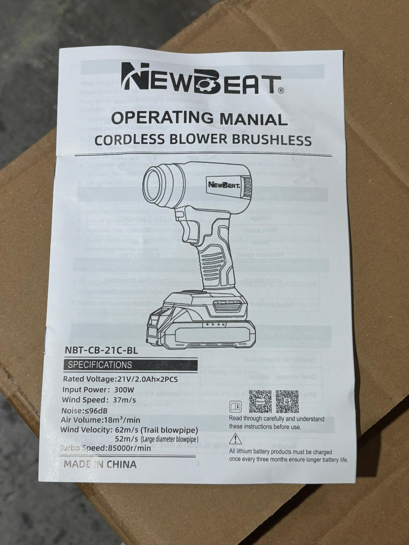 Newbeat Cordless Blower Brushless 21V 85000 RPM C/W 2 Battery And 1 Charger | Model: NBT-CB-21C-BL Cordless Blower Newbeat 