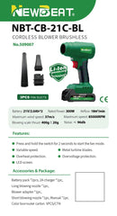 Newbeat Cordless Blower Brushless 21V 85000 RPM C/W 2 Battery And 1 Charger | Model: NBT-CB-21C-BL Cordless Blower Newbeat 