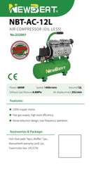 Newbeat Oil-Less Air Compressor 1.5HP 12L | Model: NBT-AC-12L Air Compressor Newbeat 