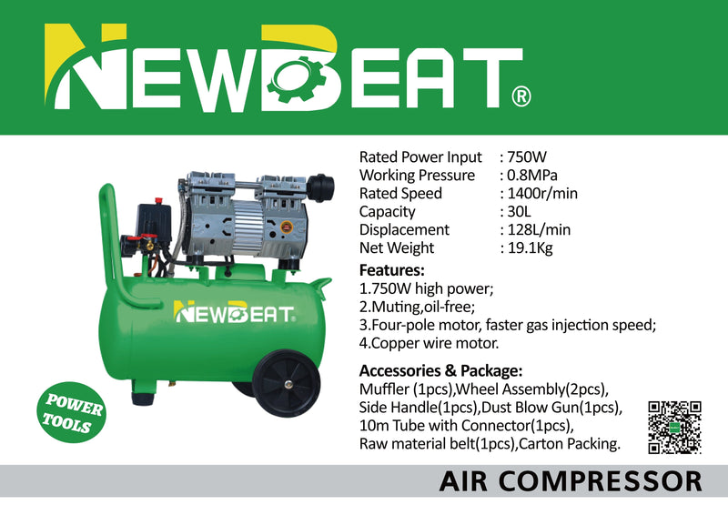 NEWBEAT Oilless Air Compressor 2.5HP 30L | Model: NBT-AC-30L Air Compressor NEWBEAT 