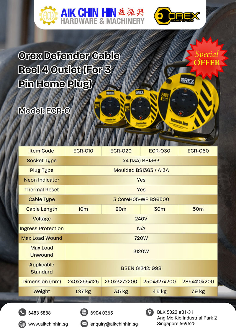 Orex Defender Cable Reel 4 Outlet (For 3 Pin Home Plug) | Model: ECR-O Cable Reel Orex 