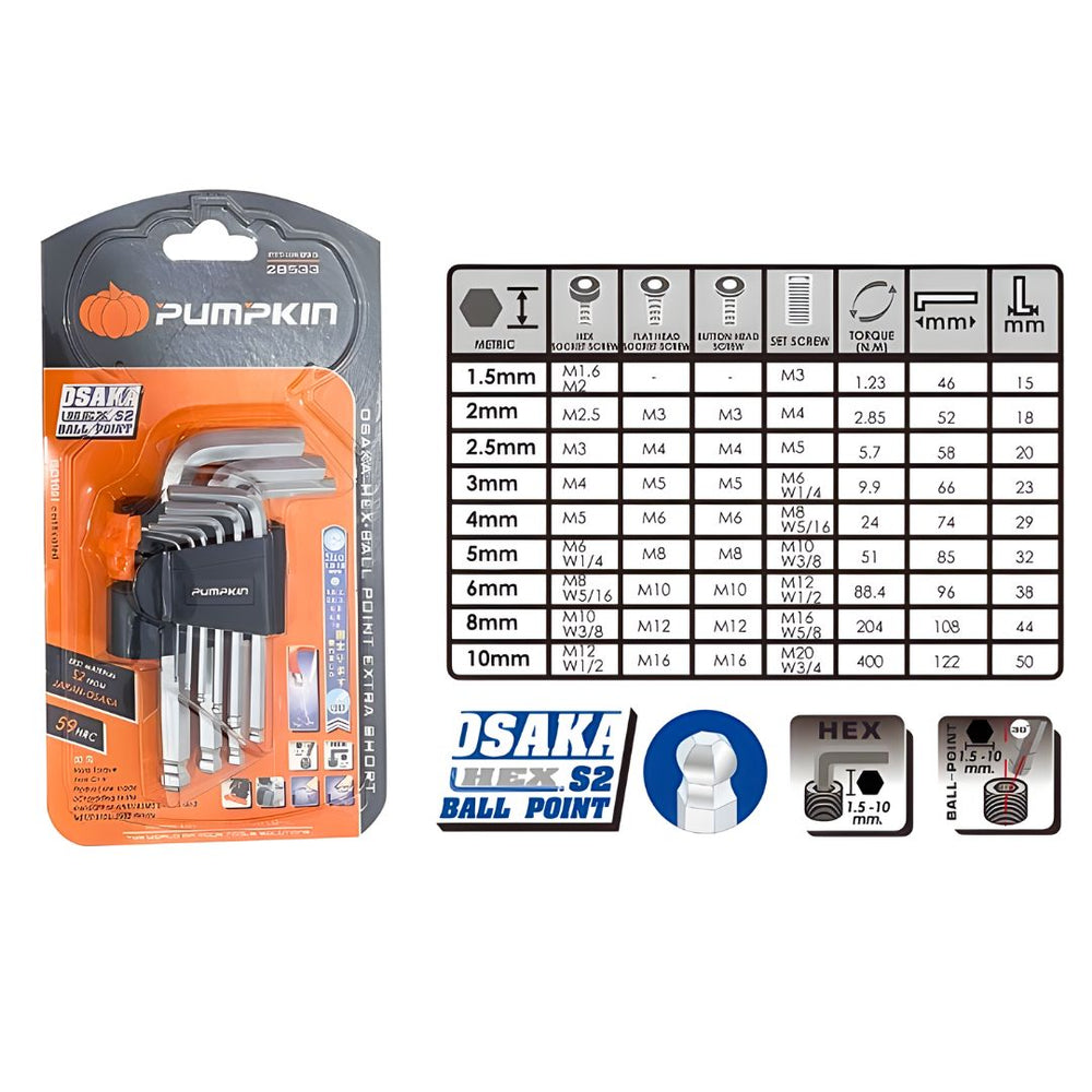 Pumpkin Osaka 9pcs Short Allen Hex w/Ball Key Set 1.5-10mm | Model: PM