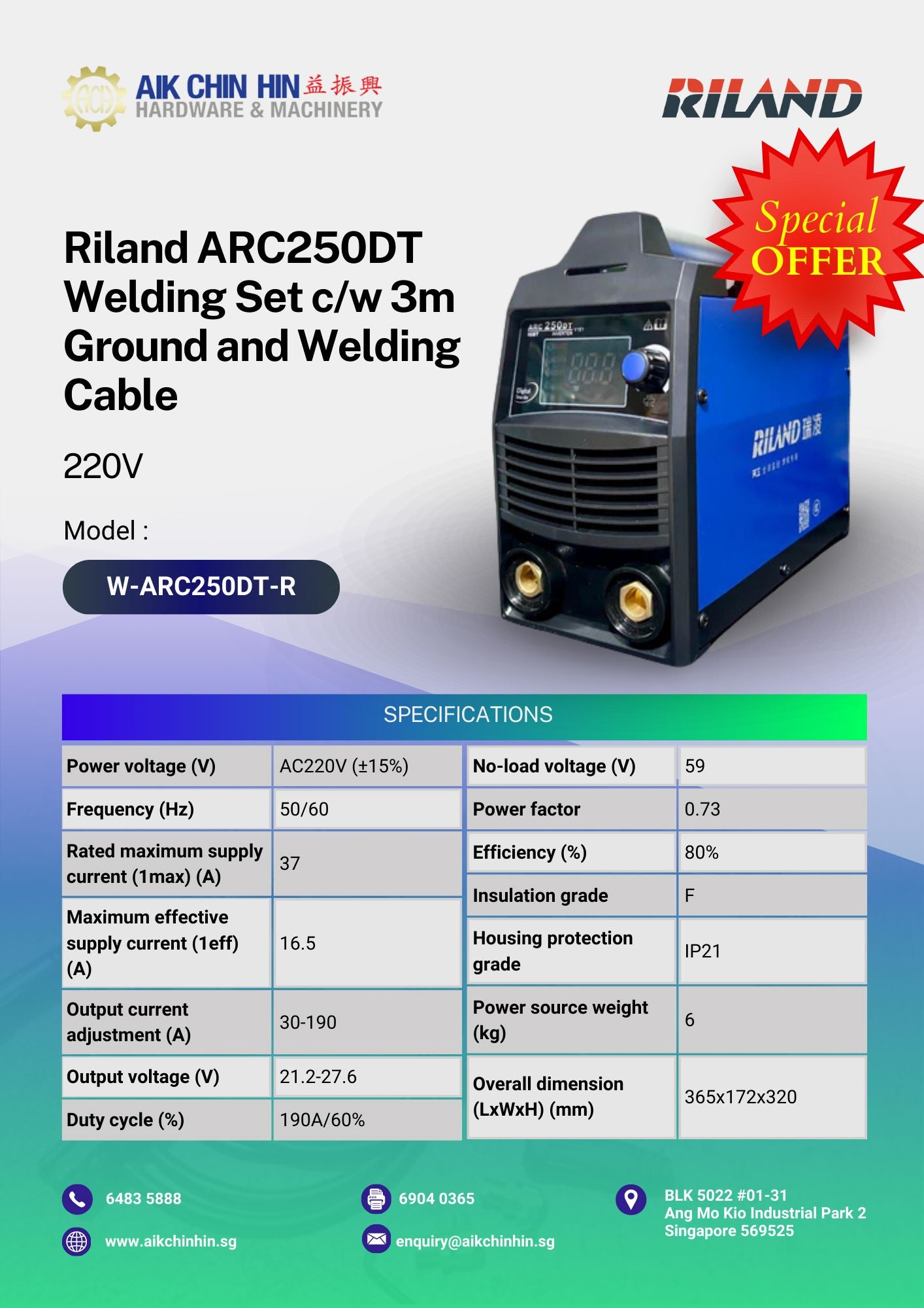 Welding Set Riland Riland ARC250DT 220V Welding Set c/w 3m Ground and Welding Cable | Mod