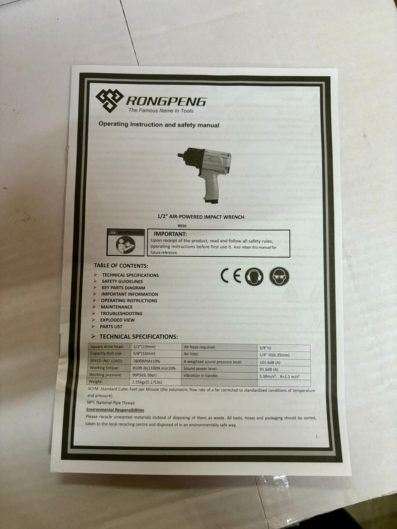 RONG PENG Air Impact Wrench 1/2" Max Torque 1100 N.m | Model : AT-RP916 Air Impact Wrench Rong Peng 