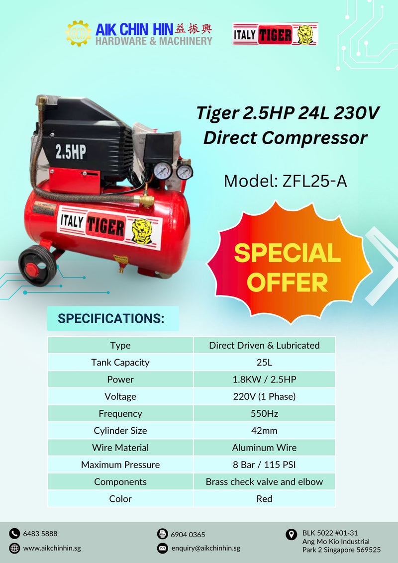 Tiger 2.5HP 24L 230V Direct Compressor (FOR EXPORT ONLY) | Model: ZFL25-A Air Compressor TIGER 