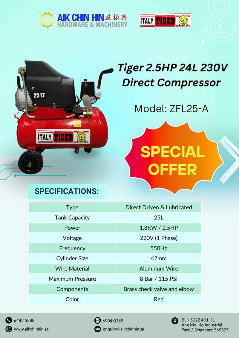 Tiger 2.5HP 24L 230V Direct Compressor (FOR EXPORT ONLY) | Model: ZFL25-A Air Compressor TIGER 