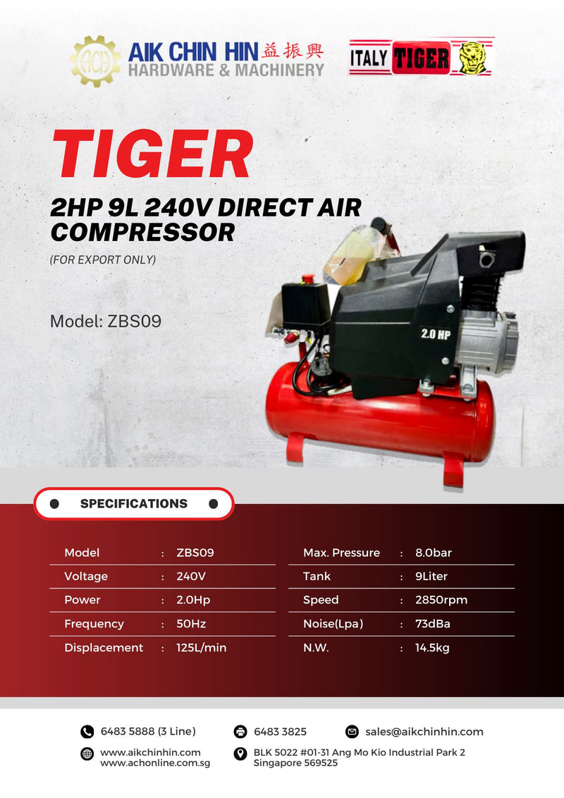 Tiger 2Hp 9L 240V Direct Air Compressor (FOR EXPORT ONLY) | Model : ZBS09 Air Compressor Tiger 