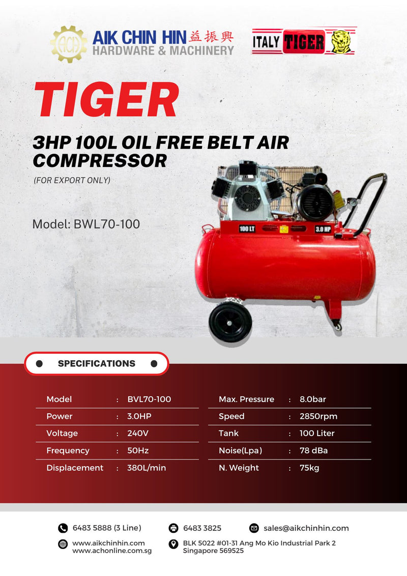 Tiger 3HP 100L Oil Free Belt Air Compressor (FOR EXPORT ONLY) | Model : BWL70-100 Air Compressor Tiger 