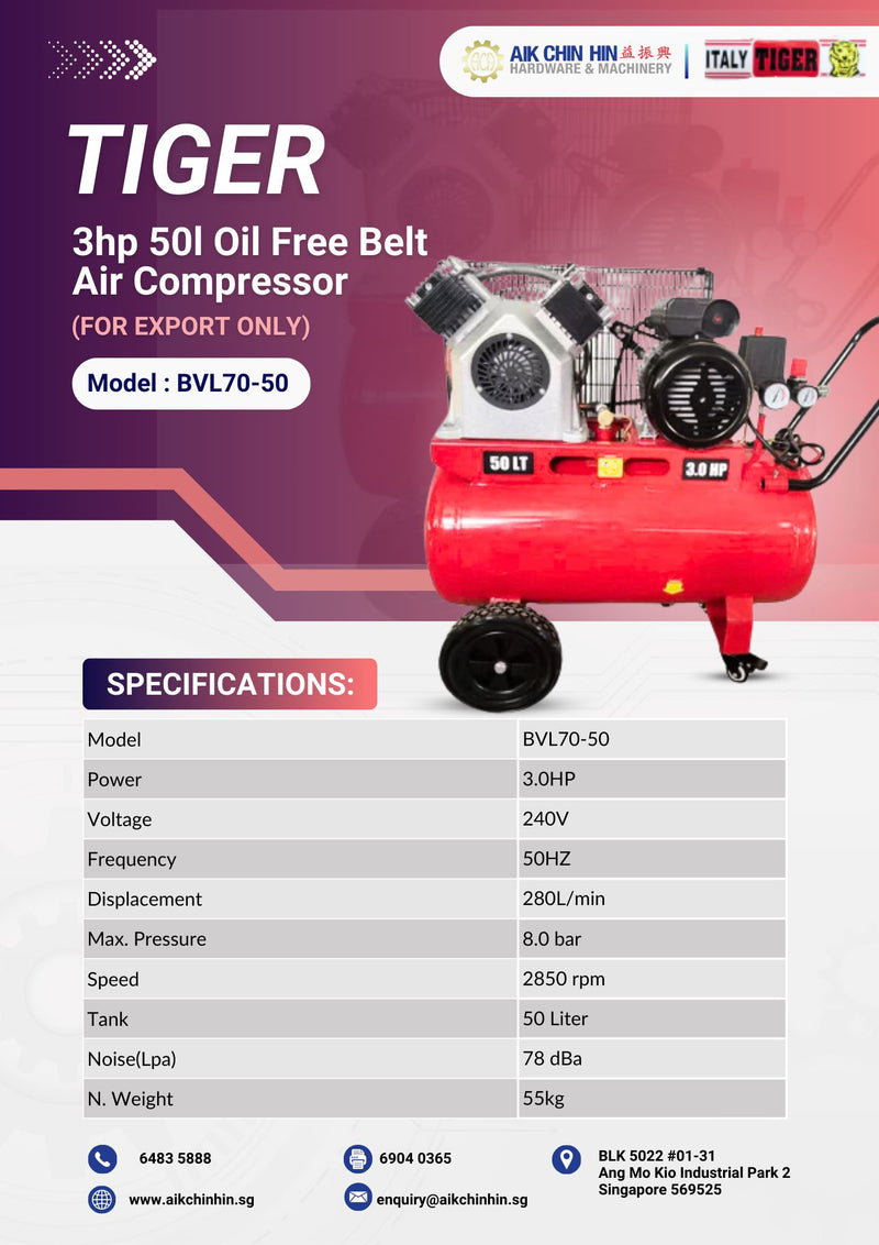 Tiger 3hp 50l Oil Free Belt Air Compressor( FOR EXPORT ONLY) | Model : BVL70-50 Air Compressor Tiger 