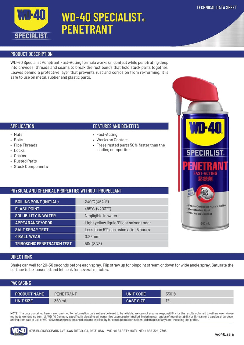 WD40 Spec Penetrant With Smart Straw (360ml)(12Can/Ctn) | Model: WD40-S-PNT Penetrant WD40 