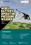 WORX Battery Operator Pressure Washer WU633.9 20V 4.0AH 6M Hose | Mode: HPW-WU633-20V Pressure Washer WORX 