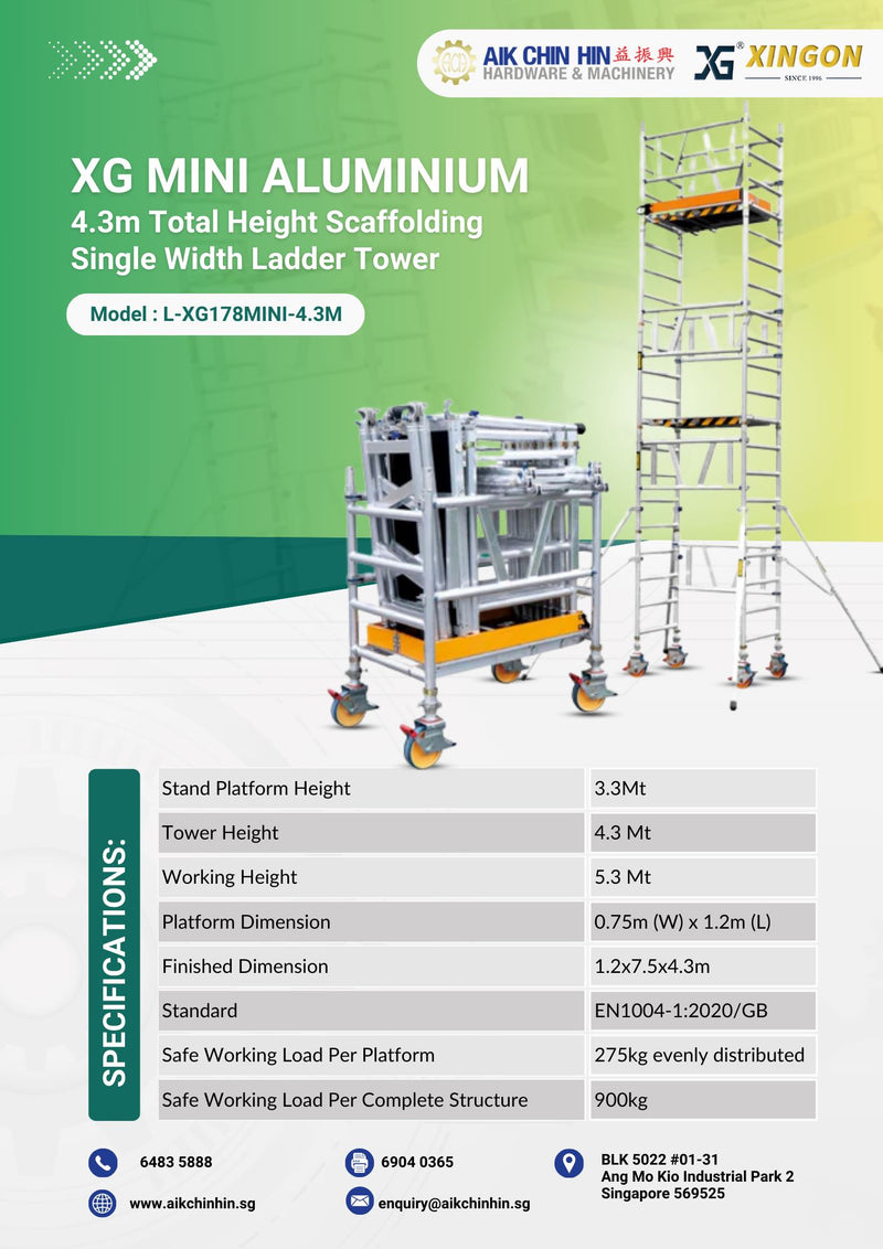 XG MINI Aluminium 4.3m Total Height Scaffolding Single Width Ladder Tower | Model : L-XG178MINI-4.3M Scaffolding XG 