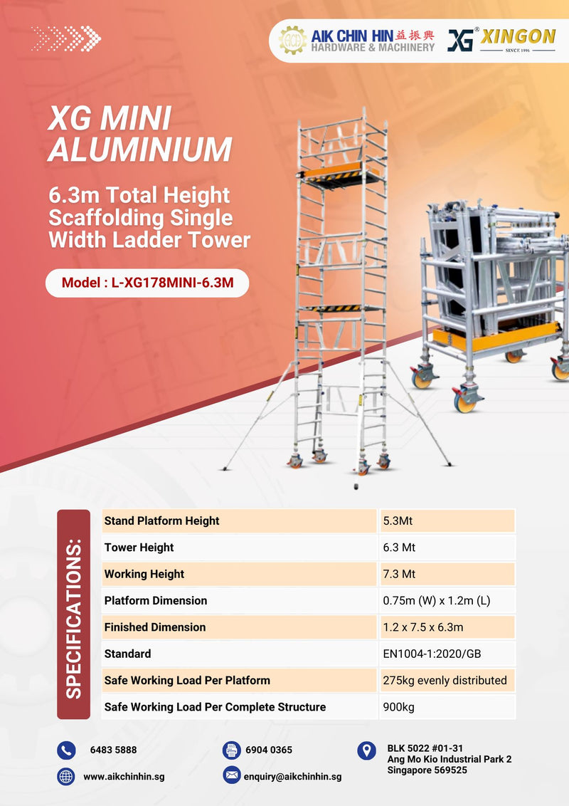 XG MINI Aluminium 6.3m Total Height Scaffolding Single Width Ladder Tower | Model : L-XG178MINI-6.3M Scaffolding XG 