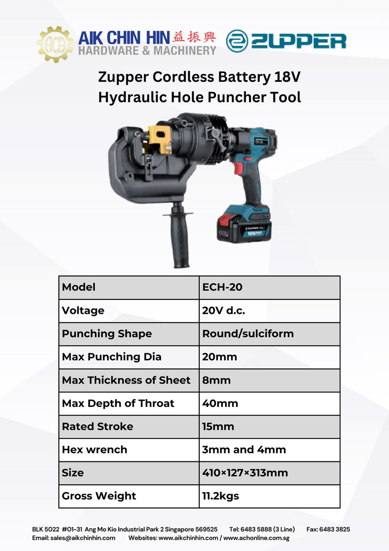 Zupper Cordless Battery 18V Hydraulic Hole Puncher Tool | Model : ECH-20 Hydraulic Hole Puncher Zupper 