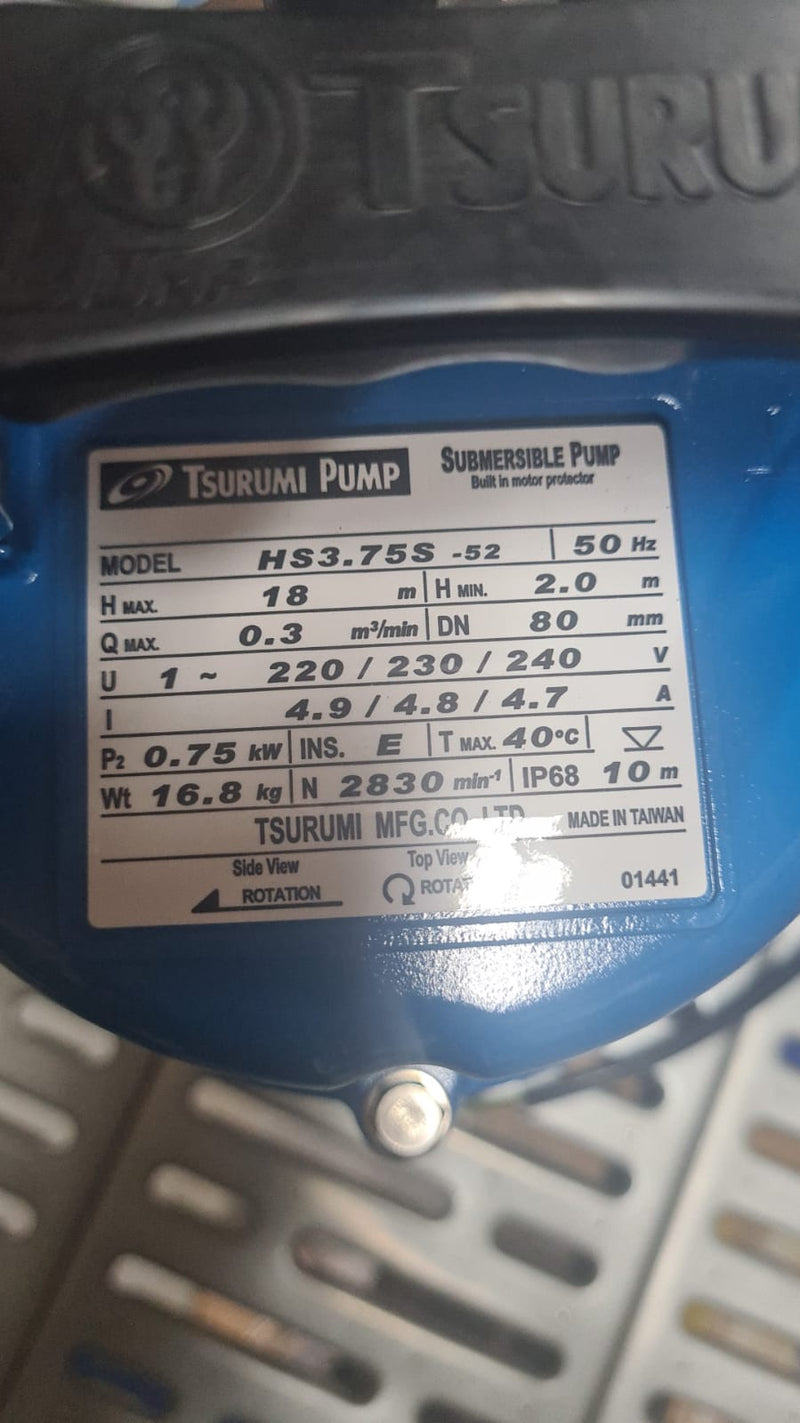 3" 0.75KW 230V Tsurumi Pump HS3.75S | Model : HS3.75S Water Pump Tsurumi 