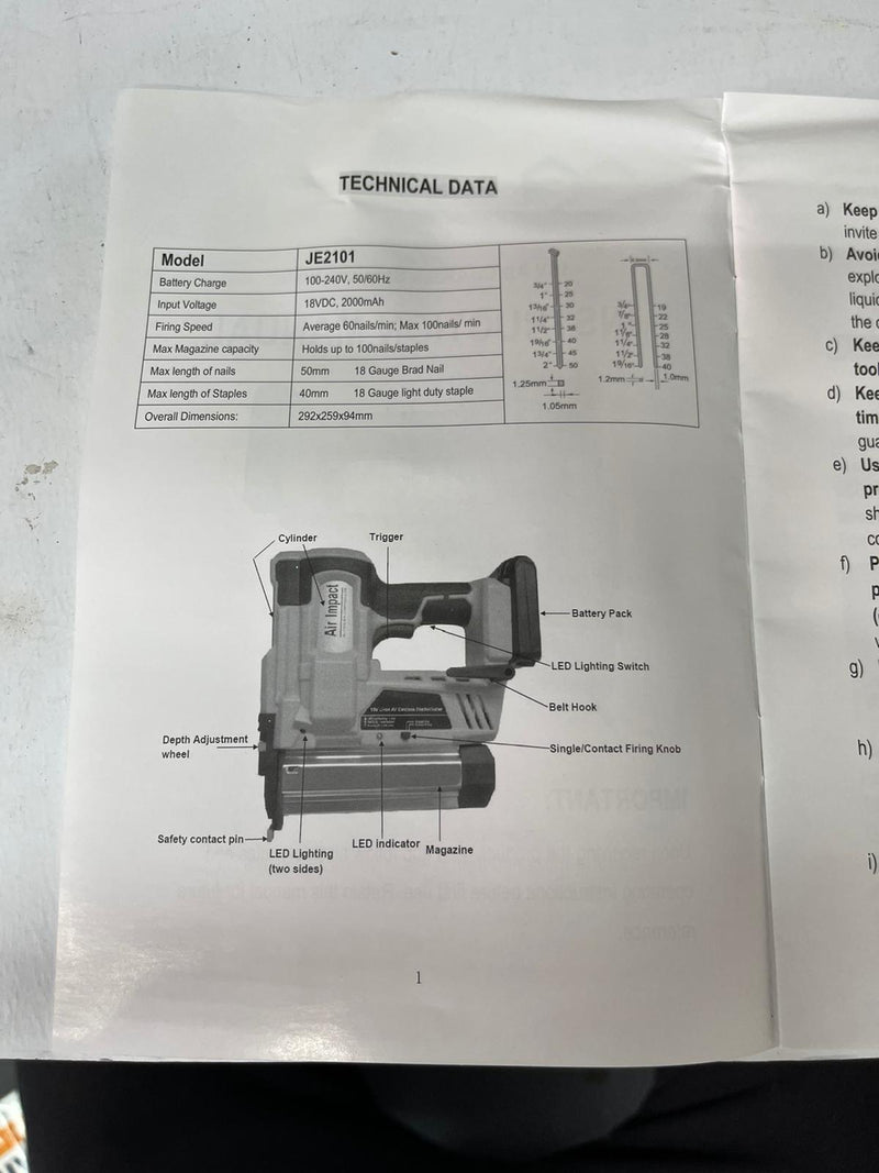 3E 18V Cordless 2In1 Stapler & Nailer 2.0Ah | Model : JE2101 Stapler & Nailer 3E 