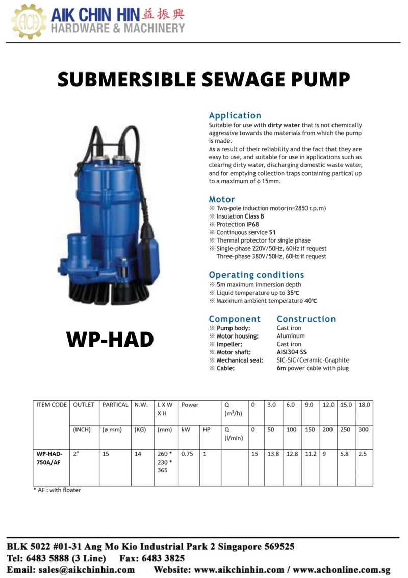 Aiko 2" 1Hp 0.75Kw Submersible Construction Water Pump (Auto Float) | Model : WP-HAD-750AF Submersible Pump Aiko 