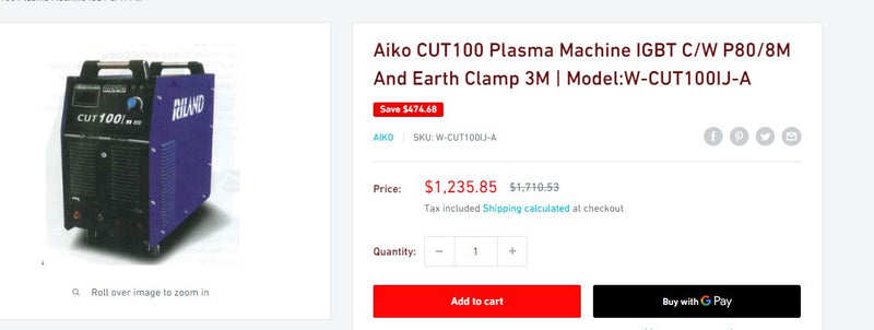 Aiko CUT100 Plasma Machine IGBT C/W P80/8M And Earth Clamp 3M | Model:W-CUT100IJ-A Plasma Cutting Machine Aiko 