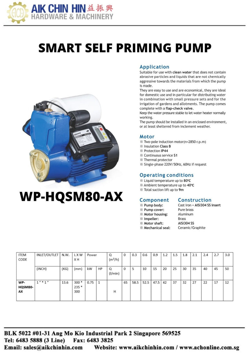 Aiko Smart Self-Priming Pump with 1" X 1" , 1Hp , 0.75Kw | Model : WP-HQSM80-AX Self-Priming Pump Aiko 