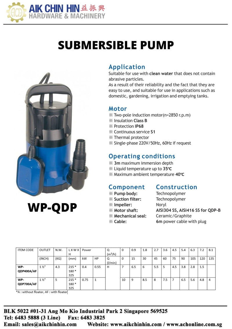 Aiko Submersible Pump (Without Float or Auto/ with float ) 1.5" 0.5/1 Hp | Model : WP-QDP Submersible Pump Aiko 