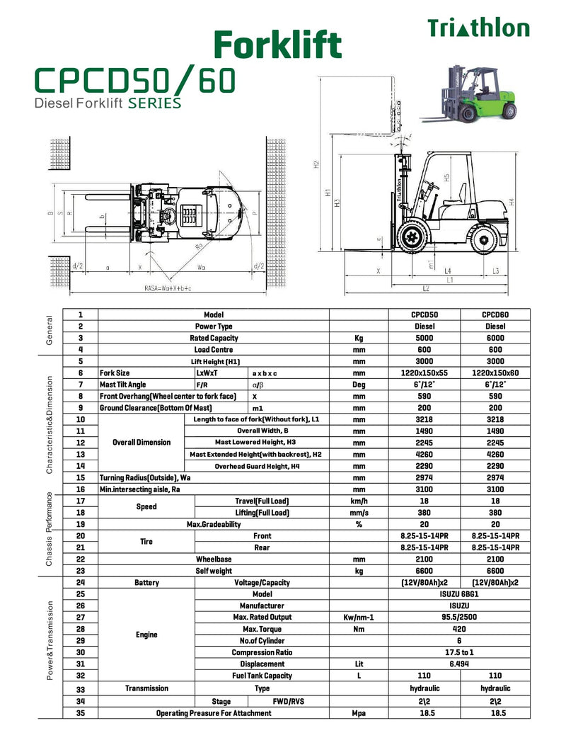 Aiko / Triathlon 5 Ton Diesel Forklift | Model : CPCD5.0T/4.5M Forklift Aiko 