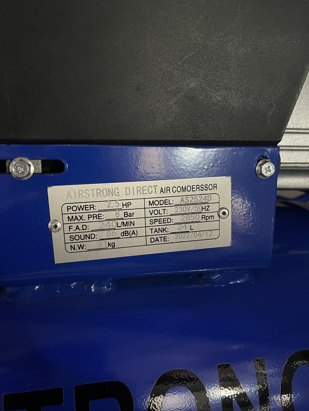 Airstrong 2.5HP 24L 230V (ASME) Direct Air Compressor | Model : AS2524