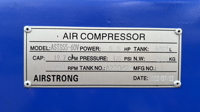 Airstrong 5.5hp 250L 12 Bar 2 Stage 3 Phase Vertical Air Compressor | Model : ASTS55-250V-5.5 Air Compressor Airstrong 