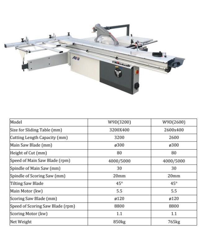 Auyu W9D-3.2 10ft (3.2m) Sliding Panel Table Saw (Aeroplane) comes with Dust Collector | Model : W9D-3.2 Aeroplane sliding panel Aiko 
