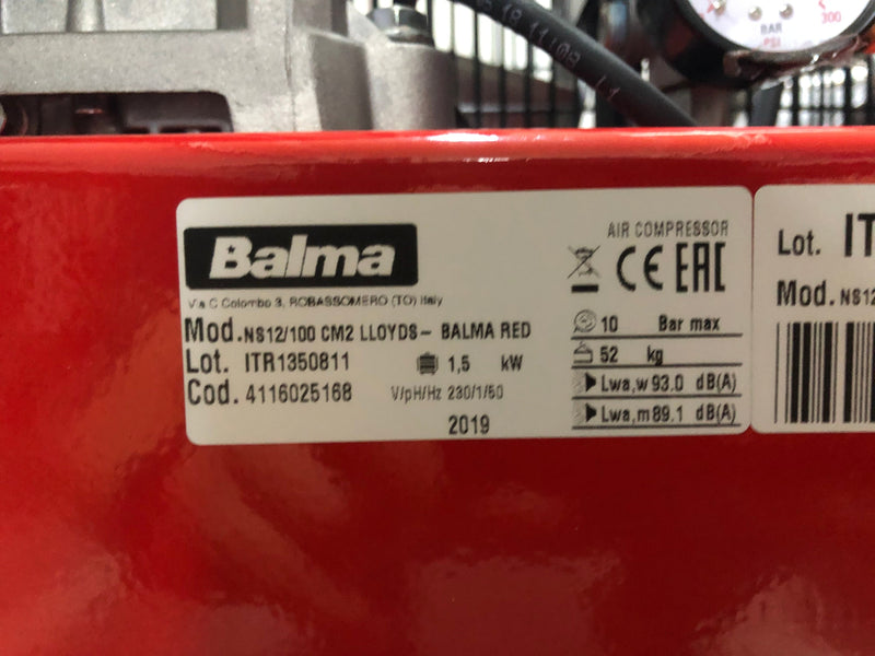 BALMA 2HP 100L 240V AIR COMPRESSOR MADE IN ITALY MODEL:NS12/100 CM2 Air Compressor BALMA 