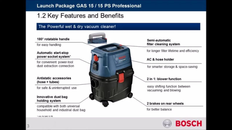 BOSCH Hazard-free Wet & Dry Vacuum Cleaner with Automatic Start-Stop Power Socket System | Model : B-GAS15PS Wet & Dry Vacuum Cleaner BOSCH 