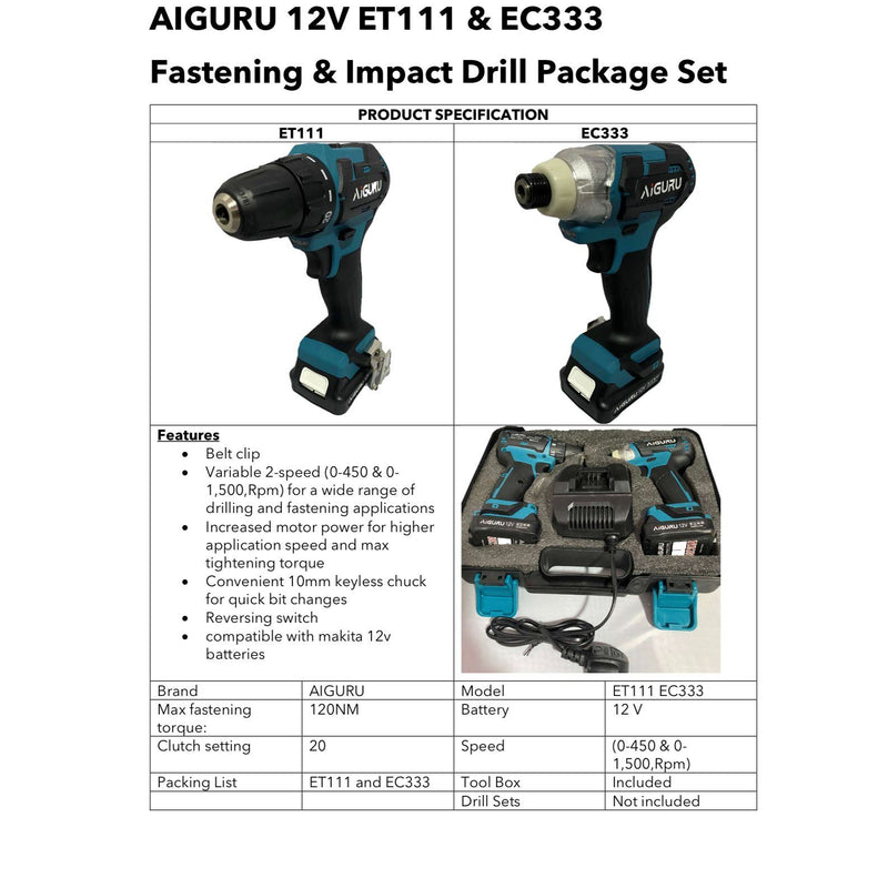 Combo Set 12v Aiguru EC333+ET111 Drill Drills Aiguru 