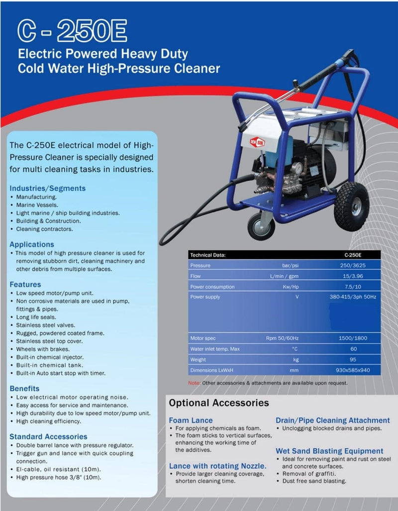 Densin C250E Electric Powered Heavy Duty Cold Water High - Pressure Cleaner | Model : C250E High Pressure Washer Densin 