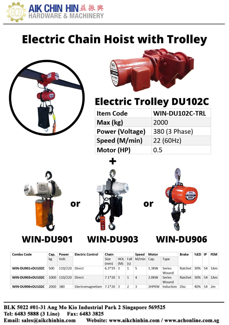Duke Electric 6m Chain Hoist 1000kg with Trolley | Model : WIN-DU903+DU102C Winch Duke 