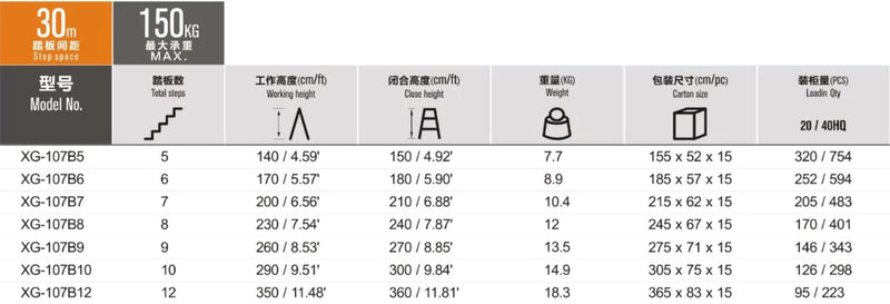 XG Red Fibreglass Step Ladder | Model : XG107B | Steps : 4 - 14 steps - Aikchinhin