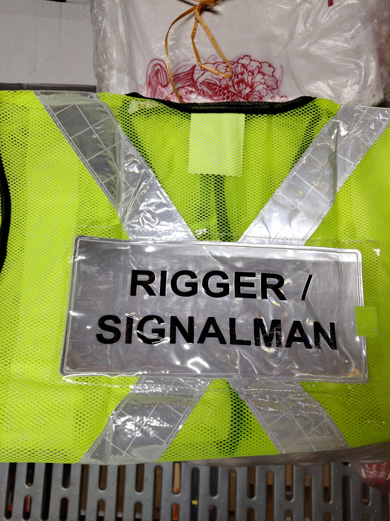 Green Safety Vest with words at back, Wording : Banksman, Fire Watchman, Lifting Supervisor, Rigger/Signal man, Security, Signal man, Traffic Controller | Model: VEST-G- Safety Vest Aiko Rigger/Signal man 