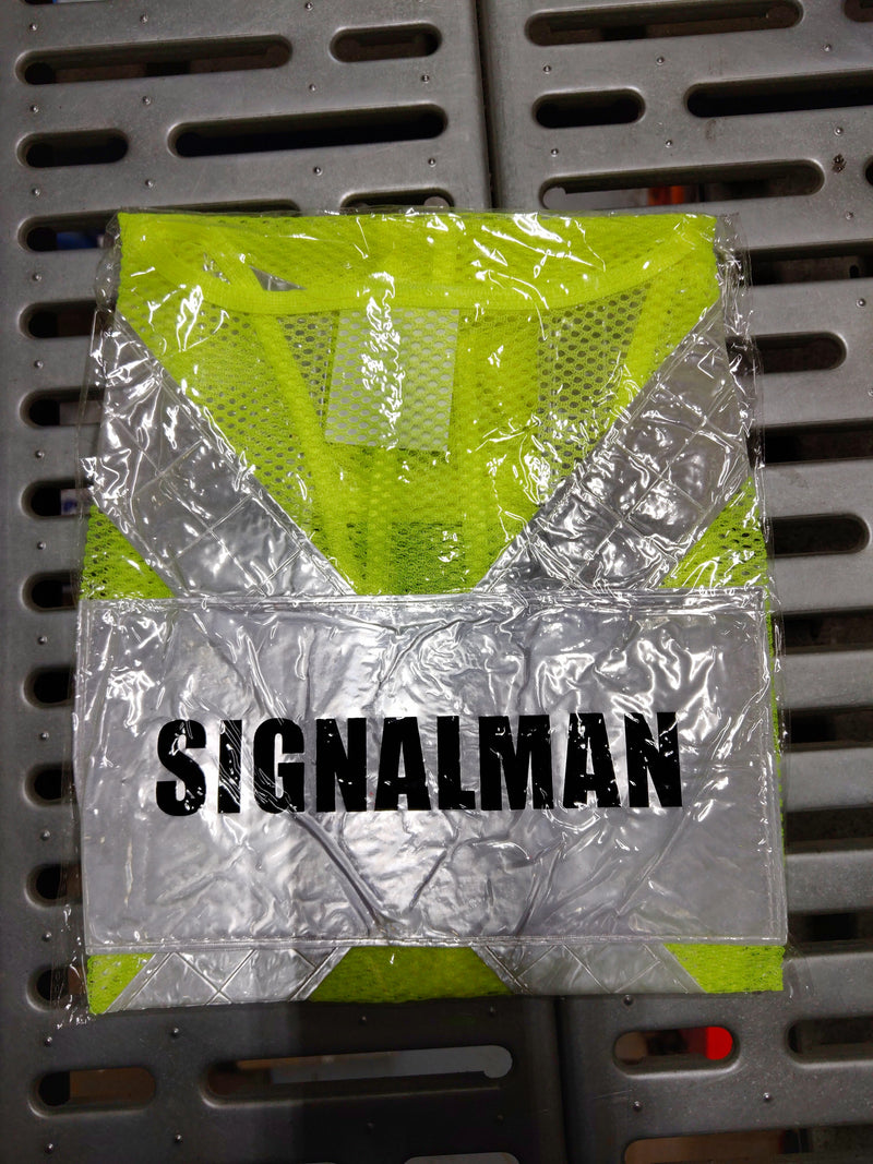 Green Safety Vest with words at back, Wording : Banksman, Fire Watchman, Lifting Supervisor, Rigger/Signal man, Security, Signal man, Traffic Controller | Model: VEST-G- Safety Vest Aiko Signal man 